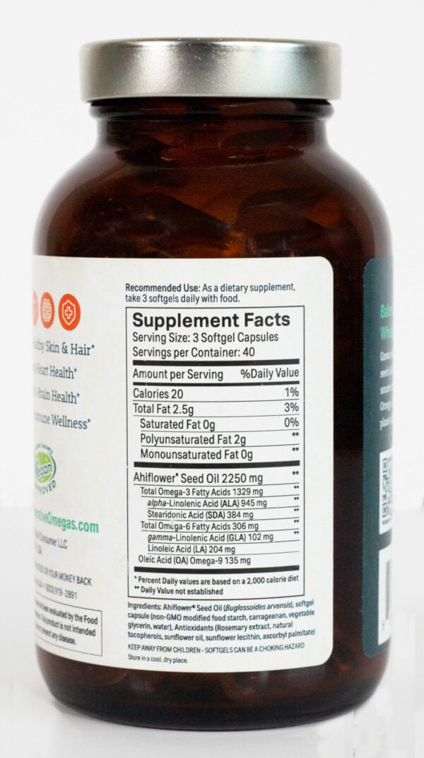 Side of pill bottle displaying nutritional label of Supplement Facts and recommended use instructions