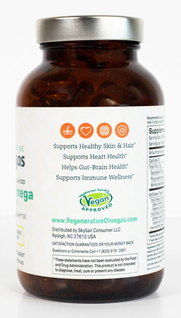 Side of pill bottle, reads "Supports Healthy Skin & Hair* Supports Heart Health* Helps Gut-Brain Health* Supports Immune Wellness* Vegan Society Approved * These statesments have not been evaluated by the Food and Drug Administration. This product is not intended to diagnose, treat, cure or prevent any disease."