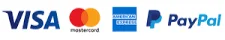 Logos of payment types: VISA, Mastercard, American Express, Paypal